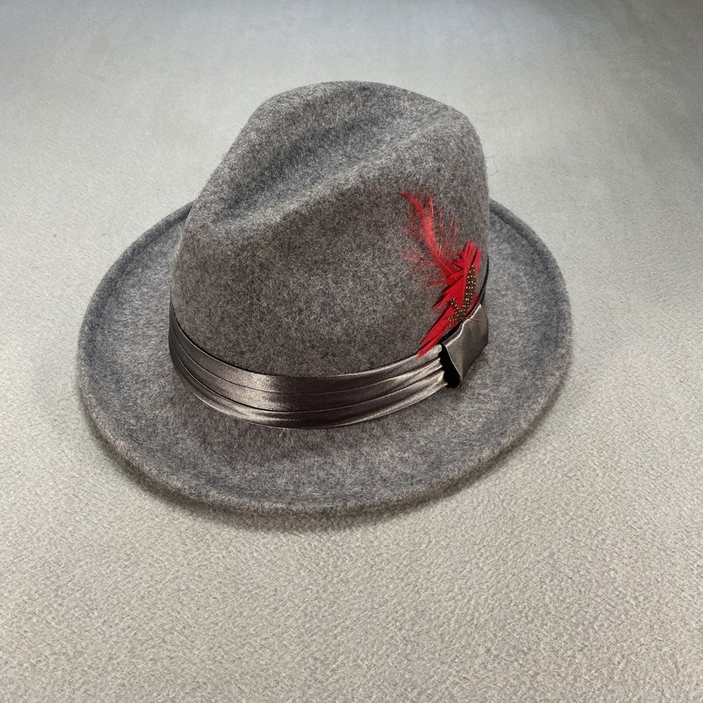 St. Patrick Hat 100% Wool Gray Fedora Feather Satin Trim With Red Feather